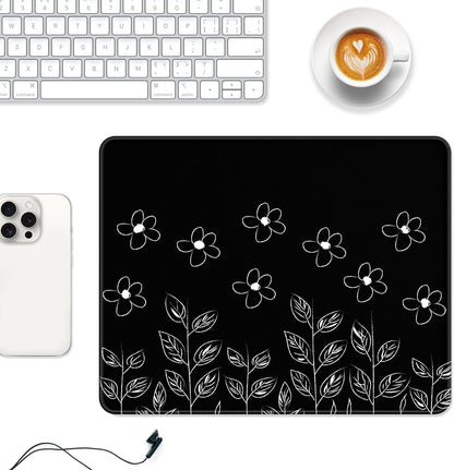 Mouse Pad, 12 X 10 in Flower Theme Computer Mouse Pad for Desk, Premium-Textured Non-Slip Rubber Stitched Edges Waterproof Square Mouse Mat for Gaming Work Wireless Mice, Black